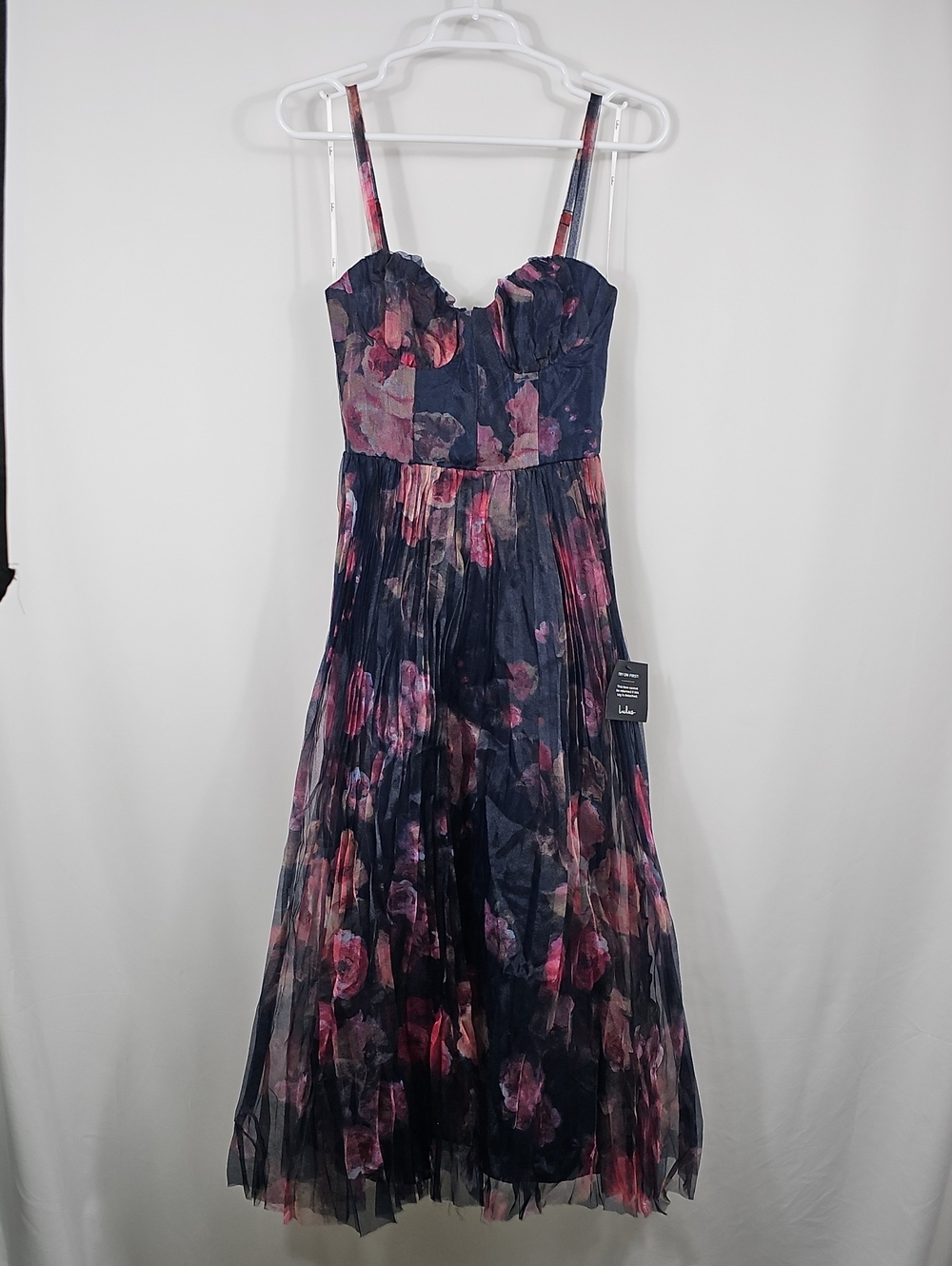 Lulus Floral Tulle Bustier Midi Dress NWT S Pleated Romantic Party Ethereal - Picture 3 of 16